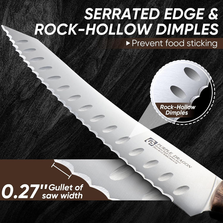 Purple Dragon Bread Knife, Serrated Knives for Homemade Bread Sourdough, German High Carbon Steel Cake Knife and Fruits Cutting, Gift Box, Anniversary Idea Gift for Father Dad - Pointed