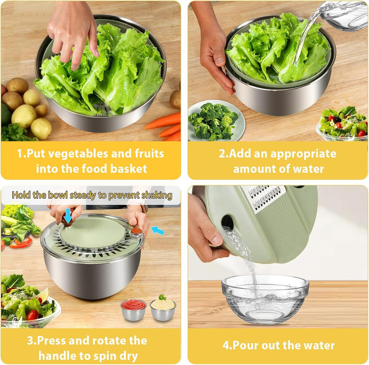 Stainless Steel Salad Spinner Large, Vegetables Fruits Wash Bowl with Strainer, Lettuce Spinner Dryer with 5 Blades Slicer, Egg Yolk Strainer, Shredder for Efficient Salad Preparation 5.3Qt