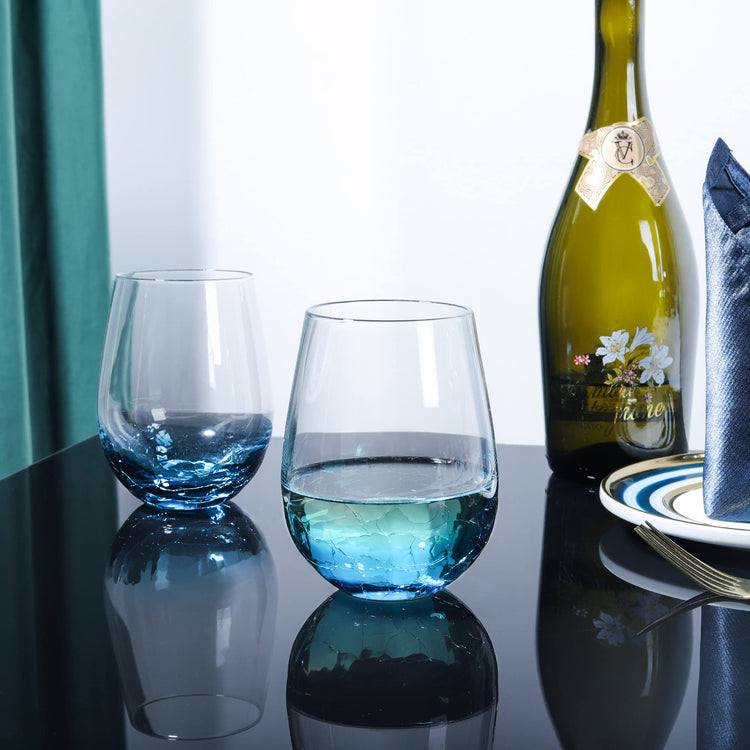 Handmade Blue Stemless Crackle Wine Glasses Cups