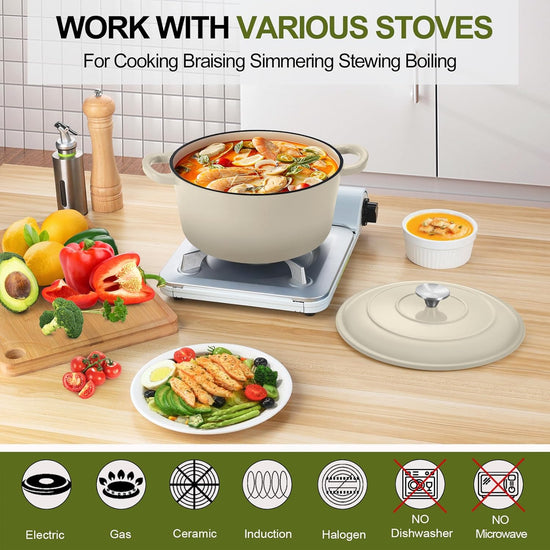P&P CHEF 5QT Enameled Dutch Oven, Cast Iron Dutch Oven Pot with Lid for Bread Baking, Enameled Casserole Pot for Roasting Braising Stewing Frying Simmering, Various Stoves & Easy Clean, Khaki - Nestoria