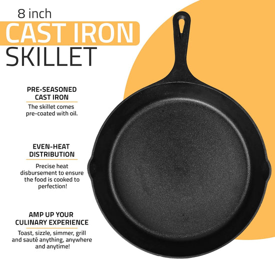 Utopia Kitchen Cast Iron Frying Pan 8 Inch, Cast Iron Chefs Pan, Pre Seasoned Skillet, Safe Grill Cookware for Indoor & Outdoor Use, Black - Nestoria