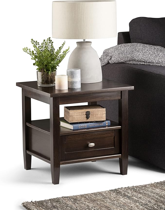 SIMPLIHOME Warm Shaker End Table - 20 inch Wide Solid Wood Side Table in Tobacco Brown, Transitional Accent Table for Living Room or Bedroom with Drawer, Open Shelf and Square Tapered Legs