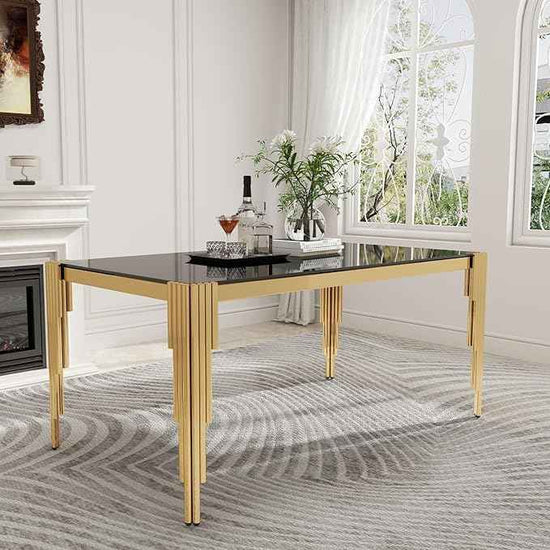 63'' Modern Glass Dining Table for 4-6 People,Black Tempered Glass Top Dining Room Table with Stainless Steel Base, Glass and Gold Dining Table for 6, Rectangle Dining Kitchen Table for Dinner