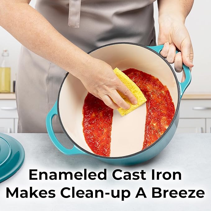 Zulay Kitchen 7.7 Quart Enameled Cast Iron Dutch Oven Pot with Lid – Premium Durability & Oven Safe up to 500°F – Heavy Duty Cookware Perfect for Bread Baking, Stews, Braising & Roasting – Light Blue