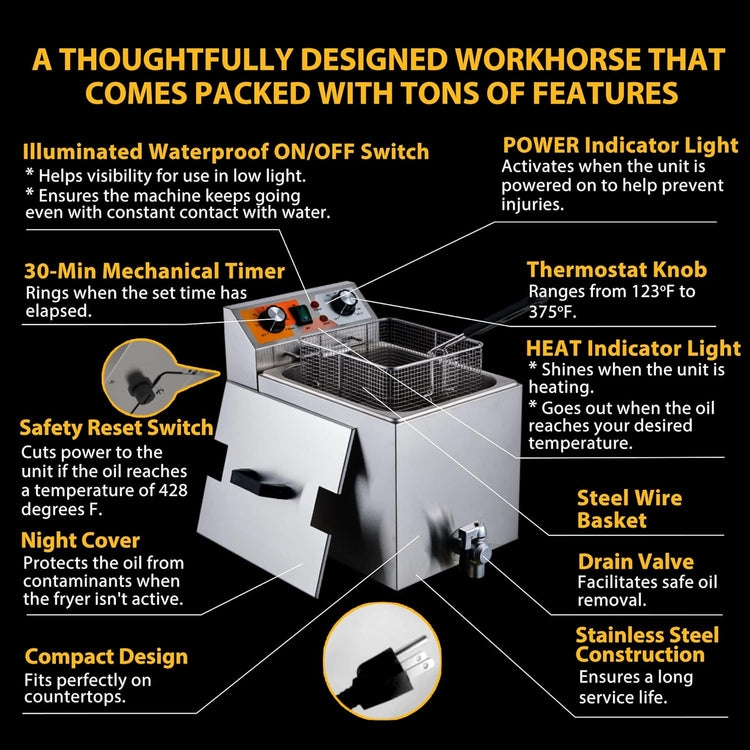 14 Qt. Electric Countertop Commercial Deep Fryer with 6.8 Qt. Basket, for Restaurant and Home - 120V, 1700W, Stainless Steel Build