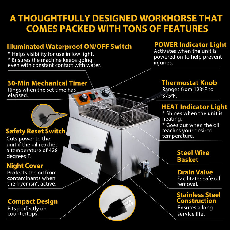 14 Qt. Electric Countertop Commercial Deep Fryer with 6.8 Qt. Basket