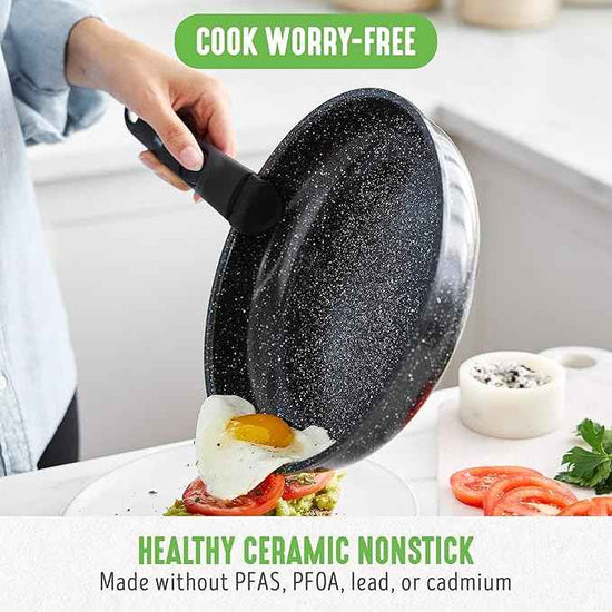 GreenLife 10 Piece Nonstick Pots & Pans Set, Detachable Handle & Stackable Cookware Set, Non Toxic PFAS-Free Skillets, Induction Kitchen Pans, Space Saving, Serving Bowls, Oven Safe, Granite Black