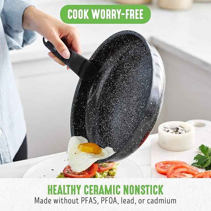 GreenLife 10 Piece Nonstick Pots & Pans Set, Detachable Handle & Stackable Cookware Set, Non Toxic PFAS-Free Skillets, Induction Kitchen Pans, Space Saving, Serving Bowls, Oven Safe, Granite Black