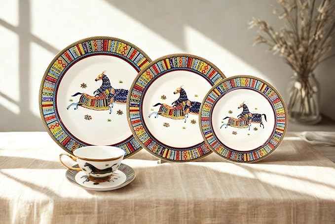 Porcelain Dinnerware Set for 4-20 Piece Luxury Greek Horse Cheval Banquet Dinner Set - Elegant Design - Plates and Cups with Saucers - Dining Set for Everyday Use or Formal Occasions