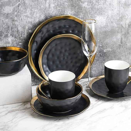 Stone Lain Florian Modern Porcelain Dish Set, 32-Piece Dishes for 8, Gold and Black