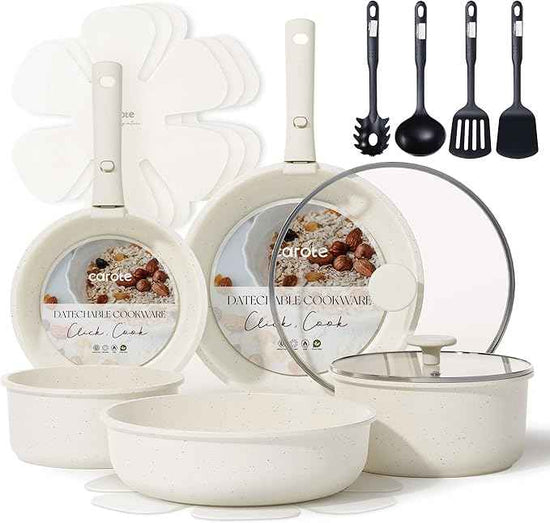 CAROTE 17pcs Pots and Pans Set, Nonstick Cookware Set Detachable Handle, Induction Kitchen Cookware Sets Non Stick with Removable Handle, RV Cookware Set, Oven Safe