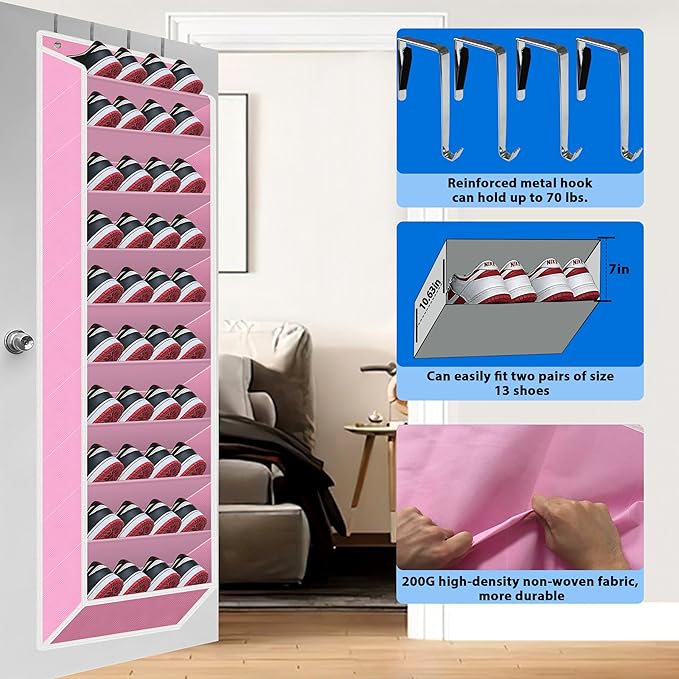 Over The Door Shoe Organizer, 70 Pounds Large Capacity, 20-30-Pair shoe organizer, Heavy Duty-Extra Deep Pockets ,Anti-Scratch Hooks & FSC-Certified Bamboo ,Engineered for Men’s Size 13 shoe,Pink