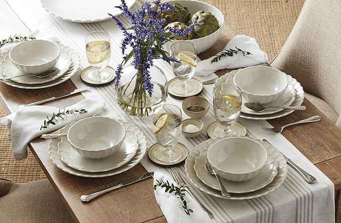 Lenox Stoneware Dinnerware Sets, French Perle Scallop 12-Piece Dinnerware Set for 4, Service For 4, Dishwasher Safe Dishware, White Dishes Set, Stoneware Dinner Plates and Bowls Sets (White, 12 Piece)