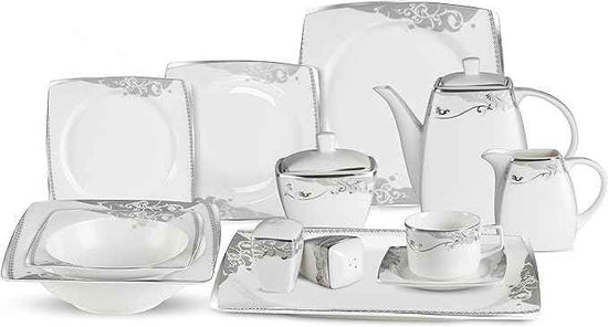 Lorenzo 57 Piece Elegant Bone China Service for 8 Belle Dinnerware Sets, Silver
