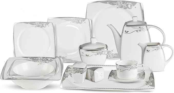 Lorenzo 57 Piece Elegant Bone China Service for 8 Belle Dinnerware Sets, Silver