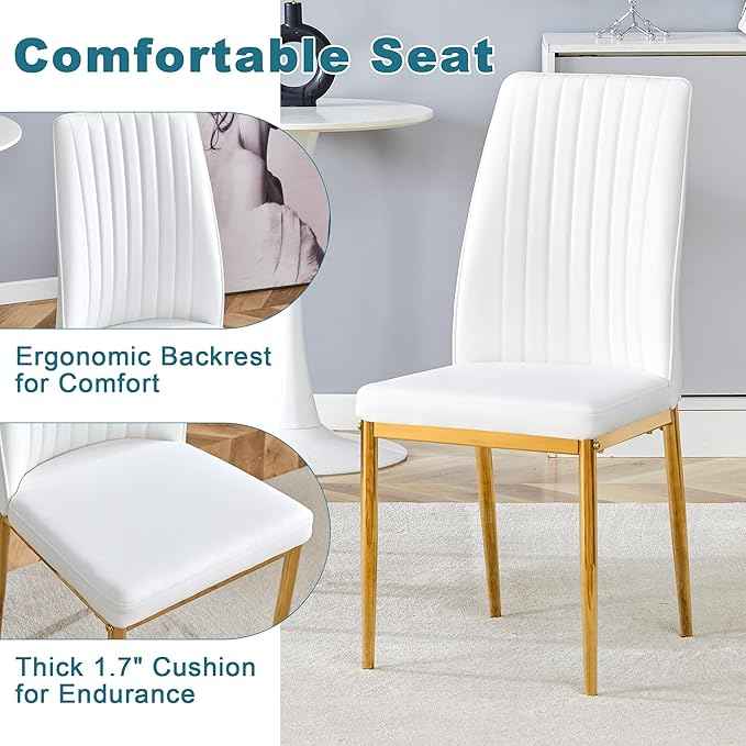 White Dining Chairs Set of 8 Leather Modern Kitchen Chairs with Metal Legs Armless Upholstered Chair for Dinner Room, Office, Waiting Room(Set of 8, White Golden Chair)