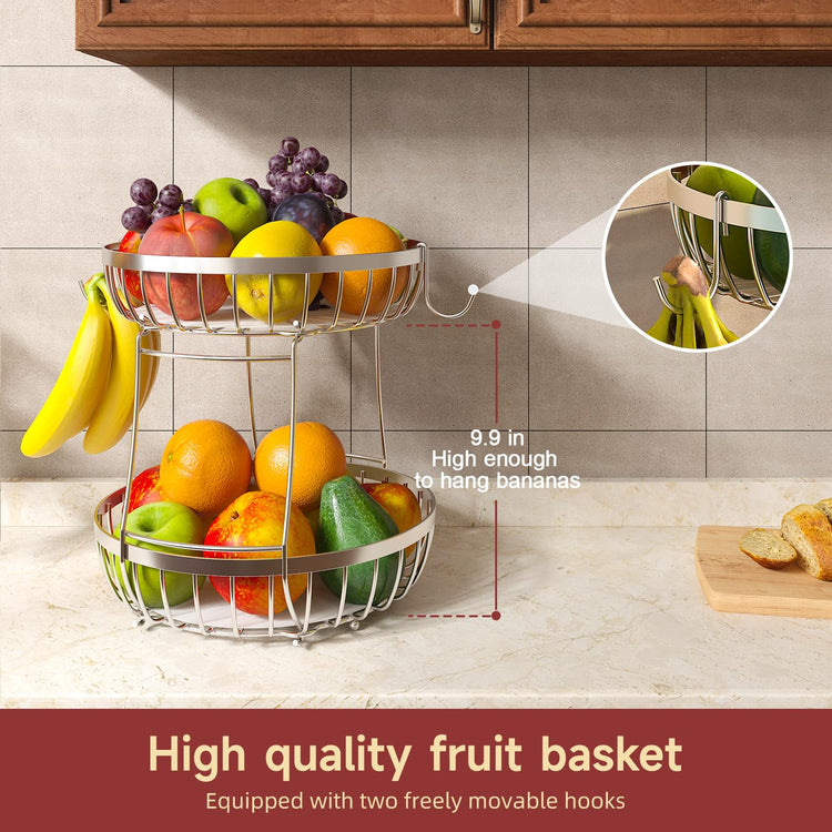 2 Tier Fruit Bowl for Kitchen Counter with Banana Hangers