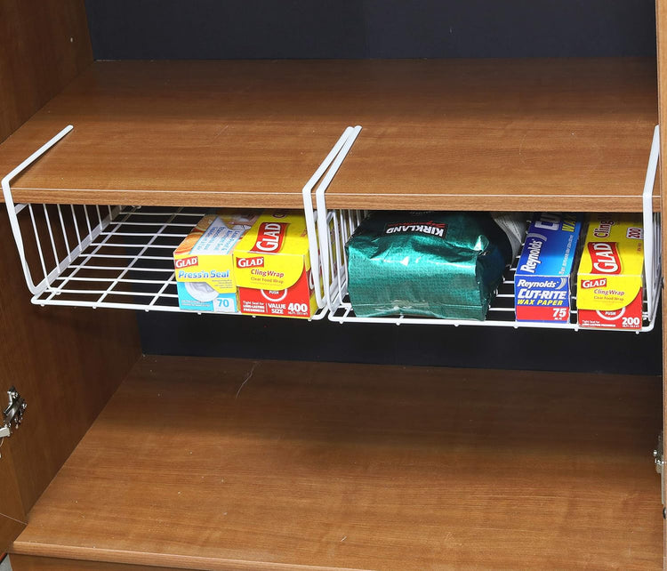 Simple Houseware Under Shelf Basket, White – 2-Pack Space-Saving Storage Organizer for Kitchen, Pantry, Closet, Office – Wire Metal Shelf Organizer, No Tools Required