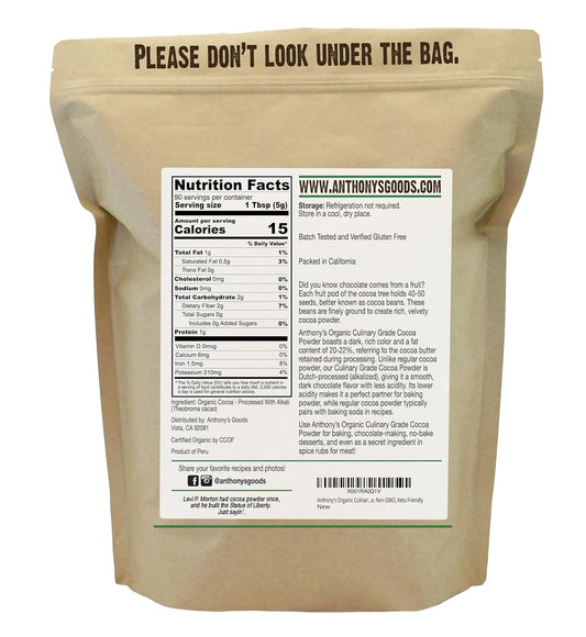 Anthony's Organic Culinary Grade Cocoa Powder, 1 lb, Dutch Processed Baking Cocoa, Gluten Free, Non GMO, Keto Friendly