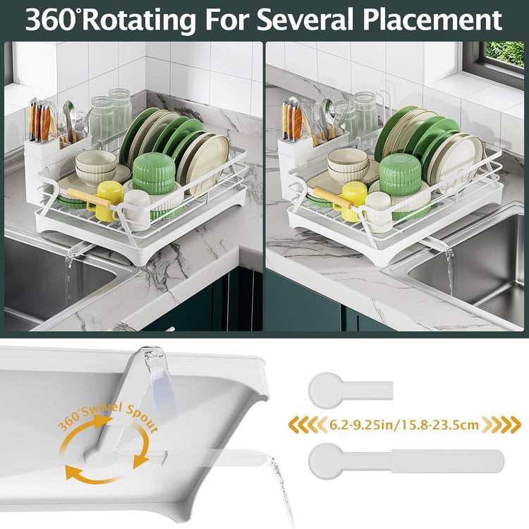 Epicano Dish Drying Rack for Kitchen Counter,Space-Saving Dish Rack,Rustproof Dish Drainer with Utensil Holder and Knife Slots for Sink,Kitchen Drying Rack with Wooden Handle and Cup Holder,White