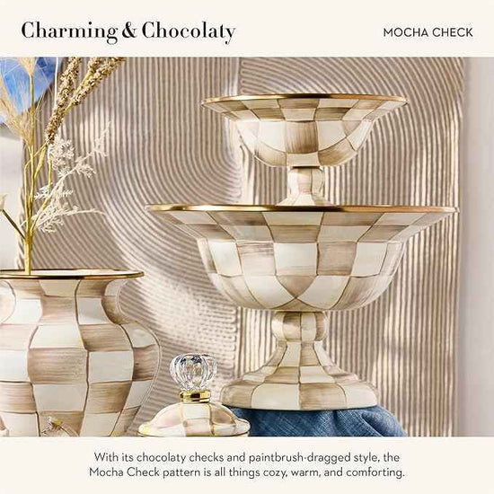 MACKENZIE-CHILDS Enamel Compote, Cute Enamel Pedestal Serving Dish or Decorative Bowl, Small, Brown-and-White Mocha Check