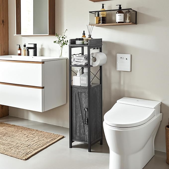 VECELO Small Bathroom Cabinet,Slim Toilet Paper Holders with Magnetic Door&2 Shelves, Narrow Storage Cabinet Organizer for Bathroom Restroom Tiny Space,Fenced Top Farmhouse Style,Coal Grey