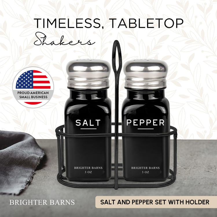 Black Salt and Pepper Shakers Set with Holder by Brighter Barns (2 Count)
