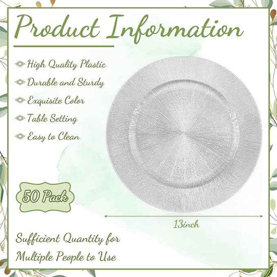 Tanlade 50 Pcs Silver Charger Plates Bulk, 13" Round Plastic Dinner Charger Plate, Shiny Silver Table Chargers Serving Plates Catering Tabletop for Thanksgiving Halloween Christmas Wedding Party Decor