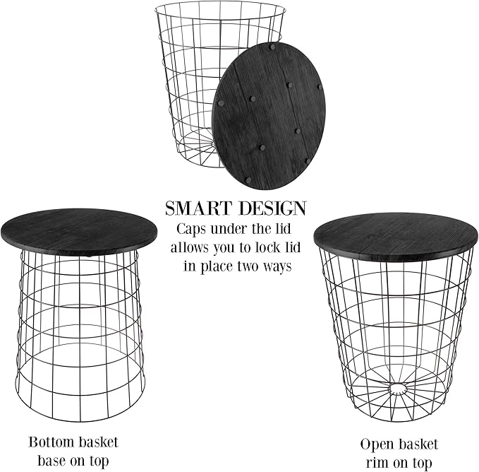 End Tables Set of 2 - Nesting Tables with Removable Wood Tops and Metal Basket Bases for Blanket Storage - Round Side Pieces for Living Room, Bedroom, or Home Office by Lavish Home (Black)