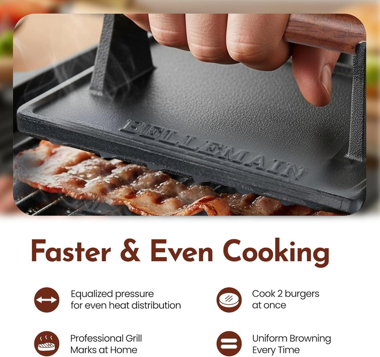 Bellemain Bacon Press Rectangle | Heavy-Duty Cast Iron Grill Press for Perfectly Seared Bacon, Steak & Sandwiches | Equalized Weight Distribution - Nestoria