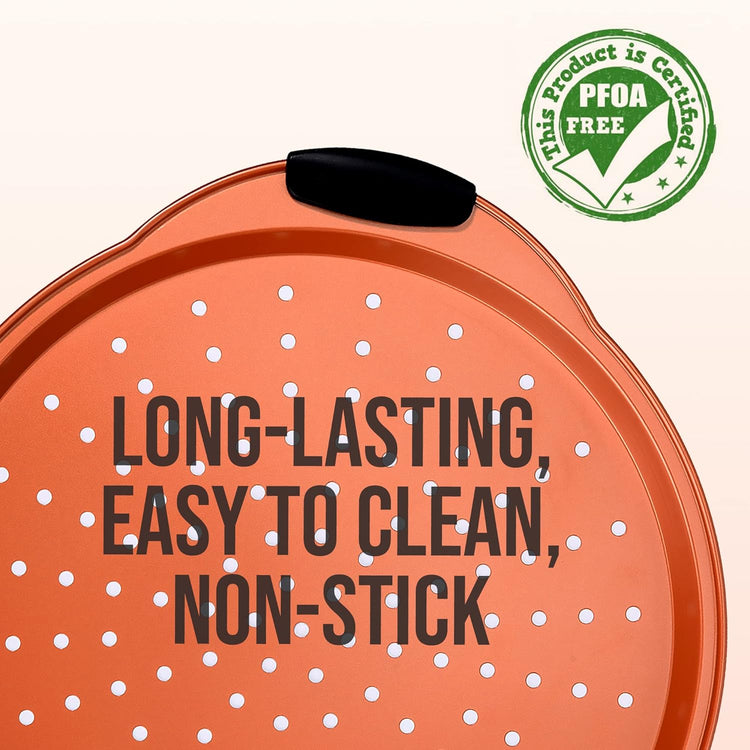 NutriChef 13-Inch Nonstick Pizza Tray - Round Carbon Steel Non-Stick Pizza Baking Pan with Perforated Holes, Premium Bakeware Pizza Screen with Silicone Grip Handles, Dishwasher Safe - Copper