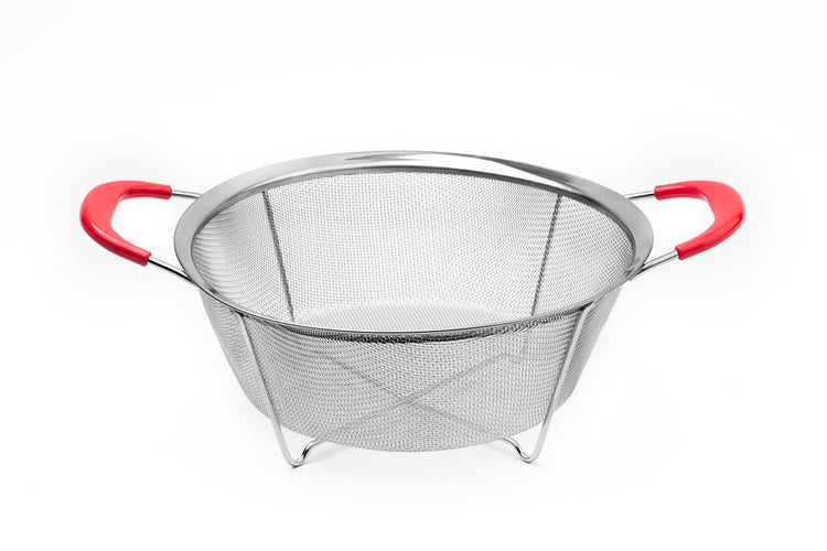 Hercules Chef by Mundial 9.8" Stainless Steel Colander Strainer with Red Silicone Handles