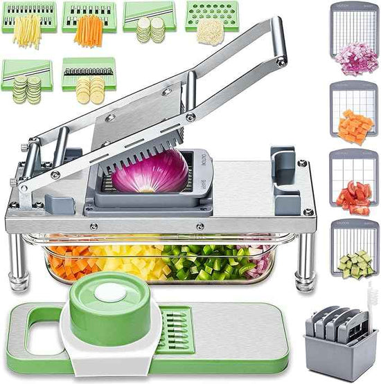 Stainless Steel Vegetable Chopper with 10 Blades - Mandoline Slicer-Pro Food Chopper with Container - Veggie Salad Onion Chopper - Potato Dicer - Tomato Cutter - Cheese Grater
