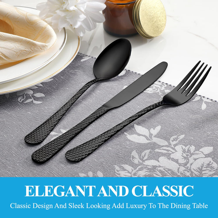 30 Pcs Black Hammered Silverware Set Service for 6 (30 Count)