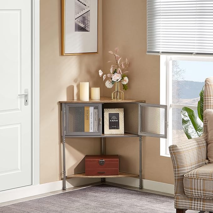 VECELO Corner Cabinet/Table, 3-Tier Display Shelves with Protection Door, Metal Frame Storage Shelf Organizer for Small Space, Living Room, Kitchen, Bathroom