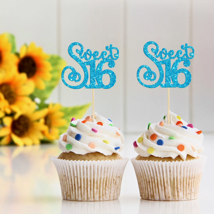 24 Pack 16th Birthday Cupcake Toppers Glitter Sixteen Happy Sweet 16 Cupcake Picks Cheers to 16 Years Old Cupcake Decorations for 16th Birthday Anniversary Party Supplies Light Blue (24 Count)