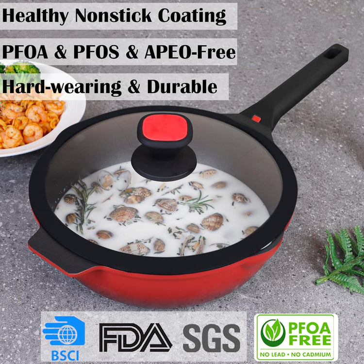 DIIG Nonstick Deep Frying Pan Skillet with Lid, 12 inch/ 5.5 QT Saute Pan with Silicone Lid, Sauce Cookware Cooking Chef Pans, Cast Aluminum Induction Compatible, Ruby Red
