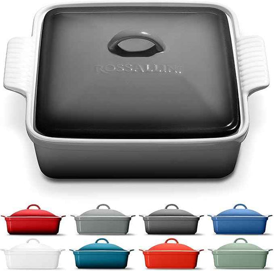 Stoneware Casserole Dish Bakeware with Lid | Covered Square Dinnerware | Large 2.5 Quart, [Oyster Grey]