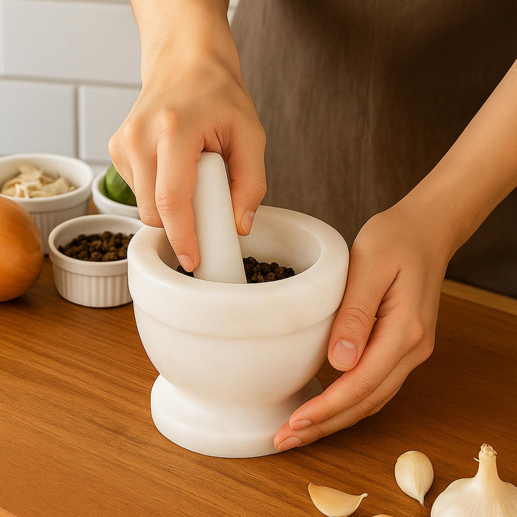 Handcrafted 4 inch Mortar and Pestle Solid Marble Grinder for Spices and Herbs Artisan Carved from Yushan Marble Elegant and Durable for Everyday Cooking