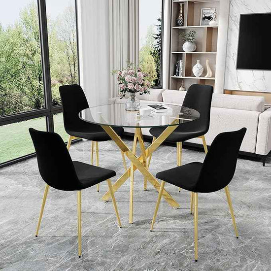 AF ARTISAN FURNITURE 36" Round Glass Dining Table Set for 4, 5-Piece Modern Kitchen Table with 4 Black Velvet Chairs, Modern Circle Leisure Table for Home Office Dining Room Small Spaces (Gold Leg)