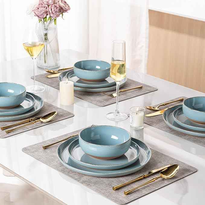 AmorArc Ceramic Dinnerware Sets for 4, 12 Pieces Handpainted Plates and Bowls Set with Rustic Terracotta Underside, Scratch Resistant Stoneware Dishes Set, Dishwasher & Microwave Safe