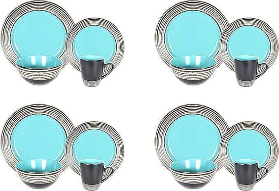 16 Piece Dinnerware Set, Ceramic Plates and Bowls Sets for 4, Microwave and Dishwasher Safe, Handcrafted Tree Bark Series Dish Set, Turquoise