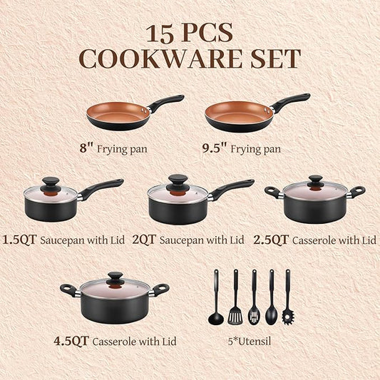 BECIGAR Ceramic Pots and Pans Set, 15PCS Nonstick Set Ceramic Cookware Set, Nonstick Pan Pots and Pans Set Non Stick Cookware set (With-Induction)