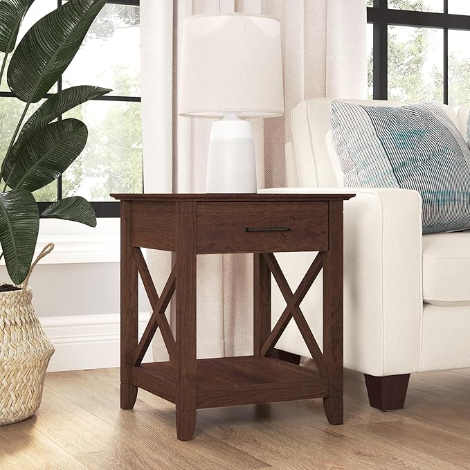 Bush Home End Table with Drawer, Nightstand with Storage, Living Room and Bedroom Furniture, Key West Collection, Bing Cherry