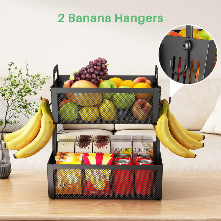 2 Tier Fruit Basket for Kitchen Counter with 2 Banana Hangers