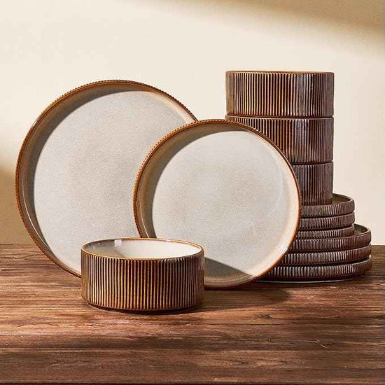 Stoneware Dinnerware Sets, Handcrafted Double Reactive Glaze Plates and Bowls for Everyday & Formal Dining, Microwave & Dishwasher Safe, Scratch Resistant Dishes Service for 4 (12-Piece), Cream Cocoa