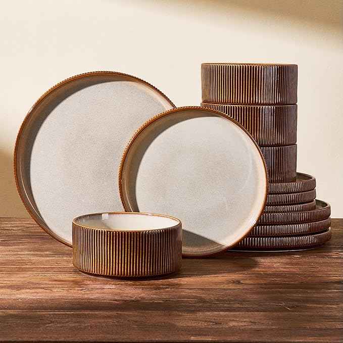 Stoneware Dinnerware Sets, Handcrafted Double Reactive Glaze Plates and Bowls for Everyday & Formal Dining, Microwave & Dishwasher Safe, Scratch Resistant Dishes Service for 4 (12-Piece), Cream Cocoa