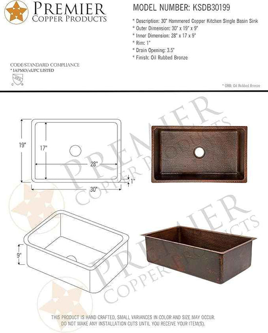 Premier Copper Products KSDB30199 30-Inch Hammered Copper Kitchen Single Basin Sink, Oil Rubbed Bronze