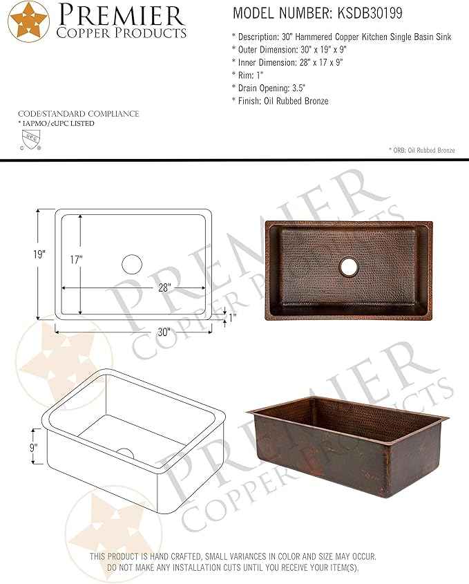 Premier Copper Products KSDB30199 30-Inch Hammered Copper Kitchen Single Basin Sink, Oil Rubbed Bronze