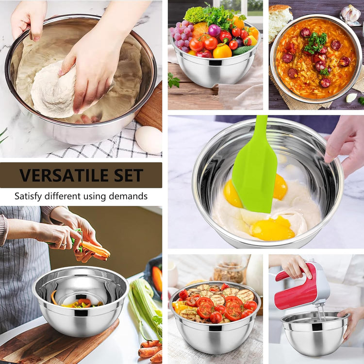 P&P CHEF Mixing Bowl with Lid Set of 7, Stainless Steel Nesting Salad Bowls for Cooking Serving Prepping, Clear Lids & Stackable Design, Size 4.6, 3.5, 3, 2, 1.5, 1, 0.7 Qt - Khaki